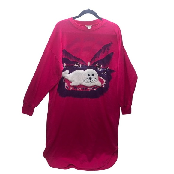 Bolo Spirit Sears night shirt Womens Medium pink white fuzzy Seal whales 90's - Picture 1 of 12